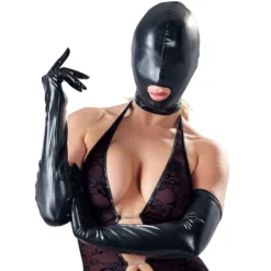 Zwart Stretch Wetlook Masker Met Mondopening En Ritssluiting Achter