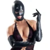 Zwart Stretch Wetlook Masker Met Open Ogen En Mond En Ritssluiting Achter -Rimba Seksshop Wetlook mask with zipper