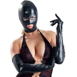 Zwart Stretch Wetlook Masker Met Open Ogen En Mond En Ritssluiting Achter